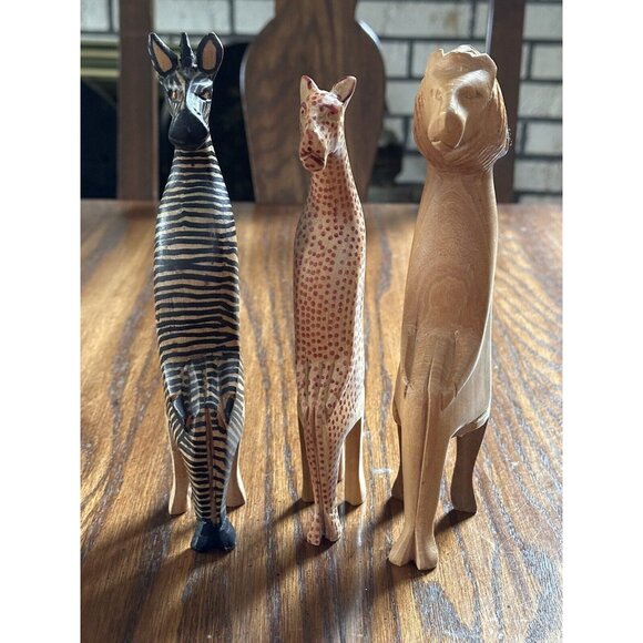 Kenya Wood Hand Carved 3 Party Animals Sitting Made Kenya Zebra, Lion, Cheetah‎ - Picture 2 of 10